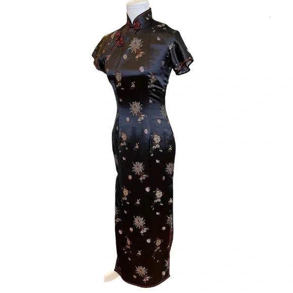 Vintage 90s SOLZ Squirrel Black Floral Satin Cheongsam Maxi Dress Size 34 Small